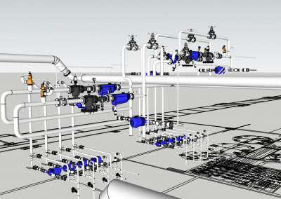 A 3 d model of an industrial plant with pipes and valves.